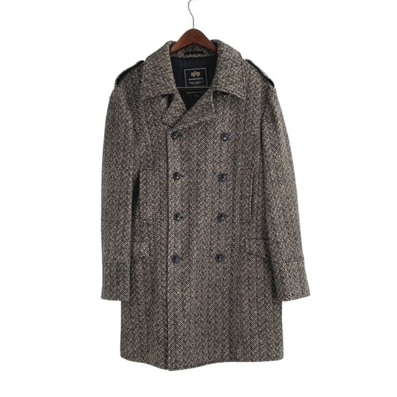 Alpha Industries Mens Large Wool Blend Herringbone Peacoat Double Breasted Gray - Picture 1 of 8